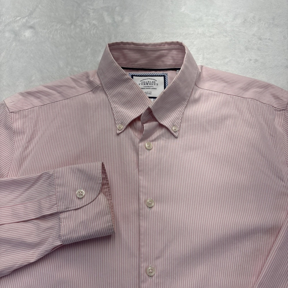 Charles Tyrwhitt Slim Fit Non-Iron Pink Stripe OCBD Men Shirt 16/34 Smart Casual